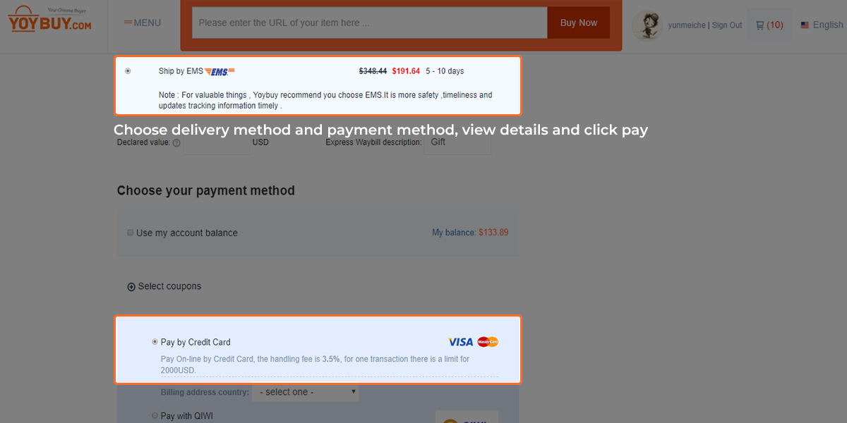 Choose delivery method and payment method, view details and click pay
