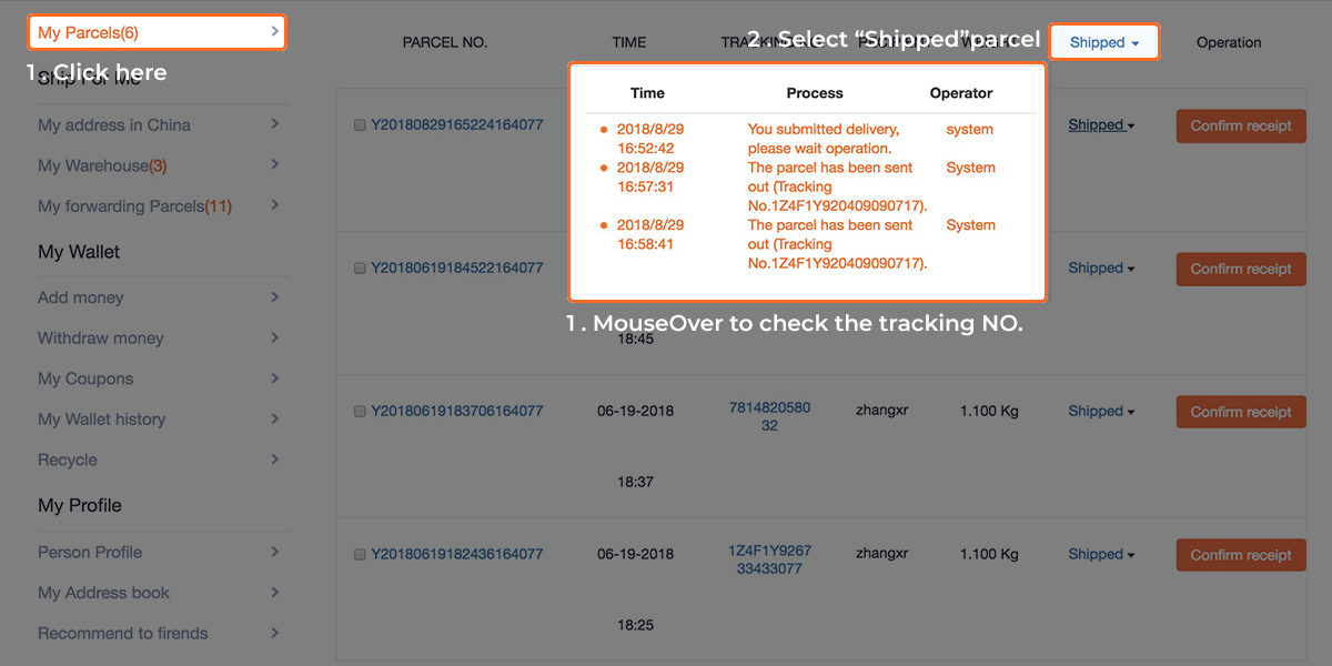 MouseOver to check the tracking NO.