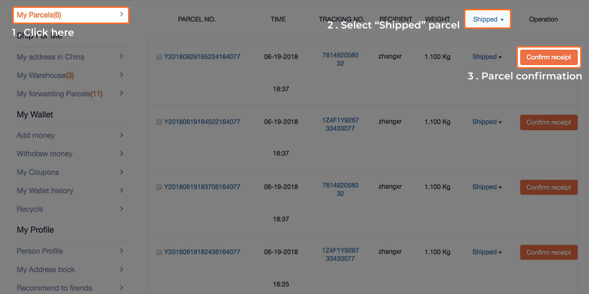 Parcel confirmation